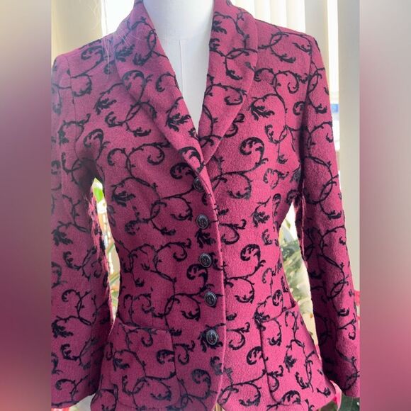 Pendleton Blazer Burgundy Black Flocked Scroll Wool Vintage High Low Sz S - Picture 14 of 15
